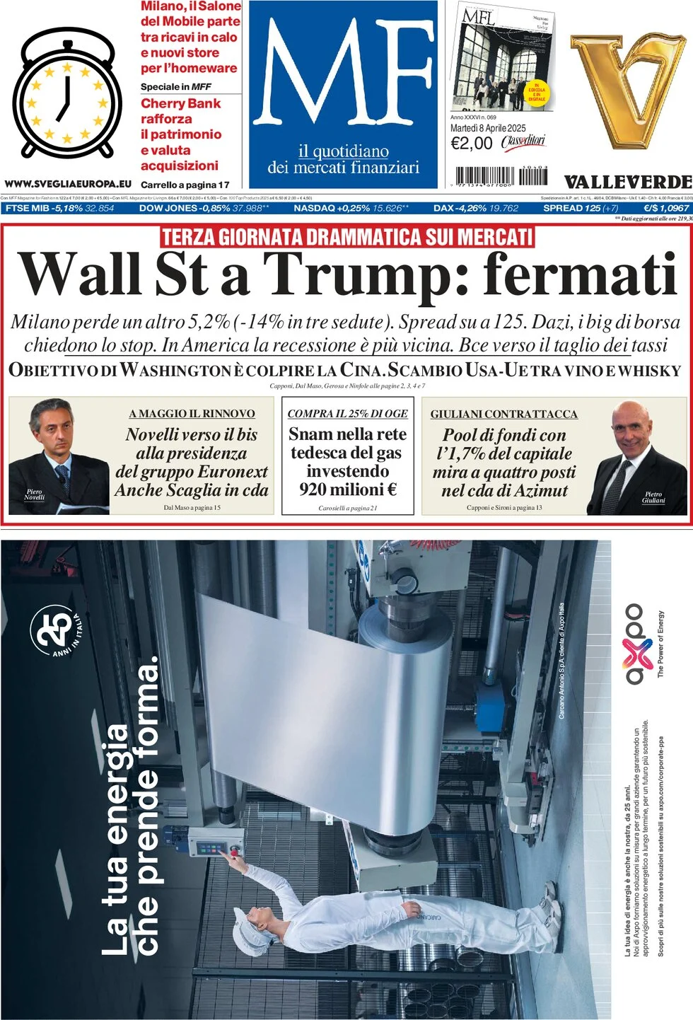 anteprima della prima pagina di mf-milano-finanza del 08/04/2025