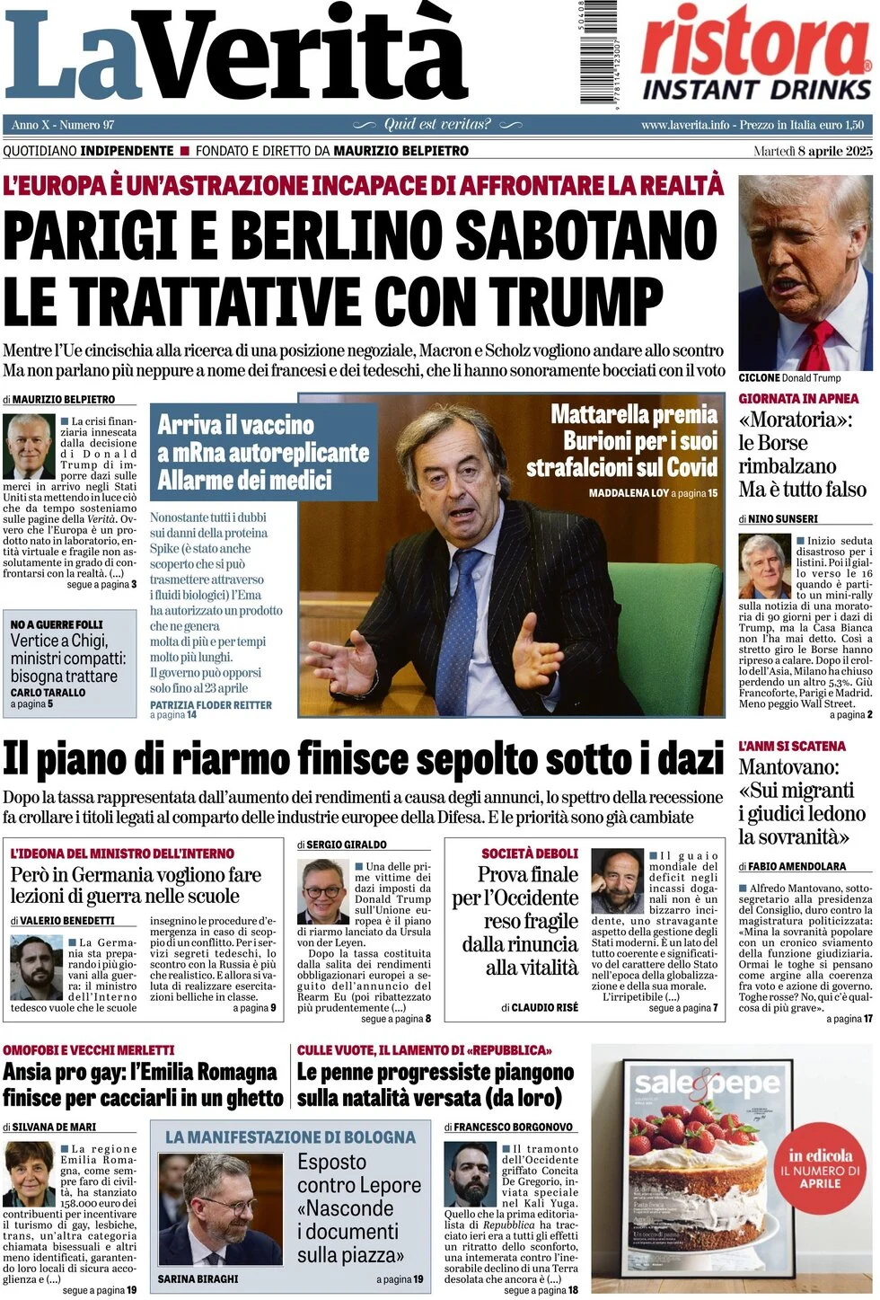 anteprima della prima pagina di la-verit del 08/04/2025