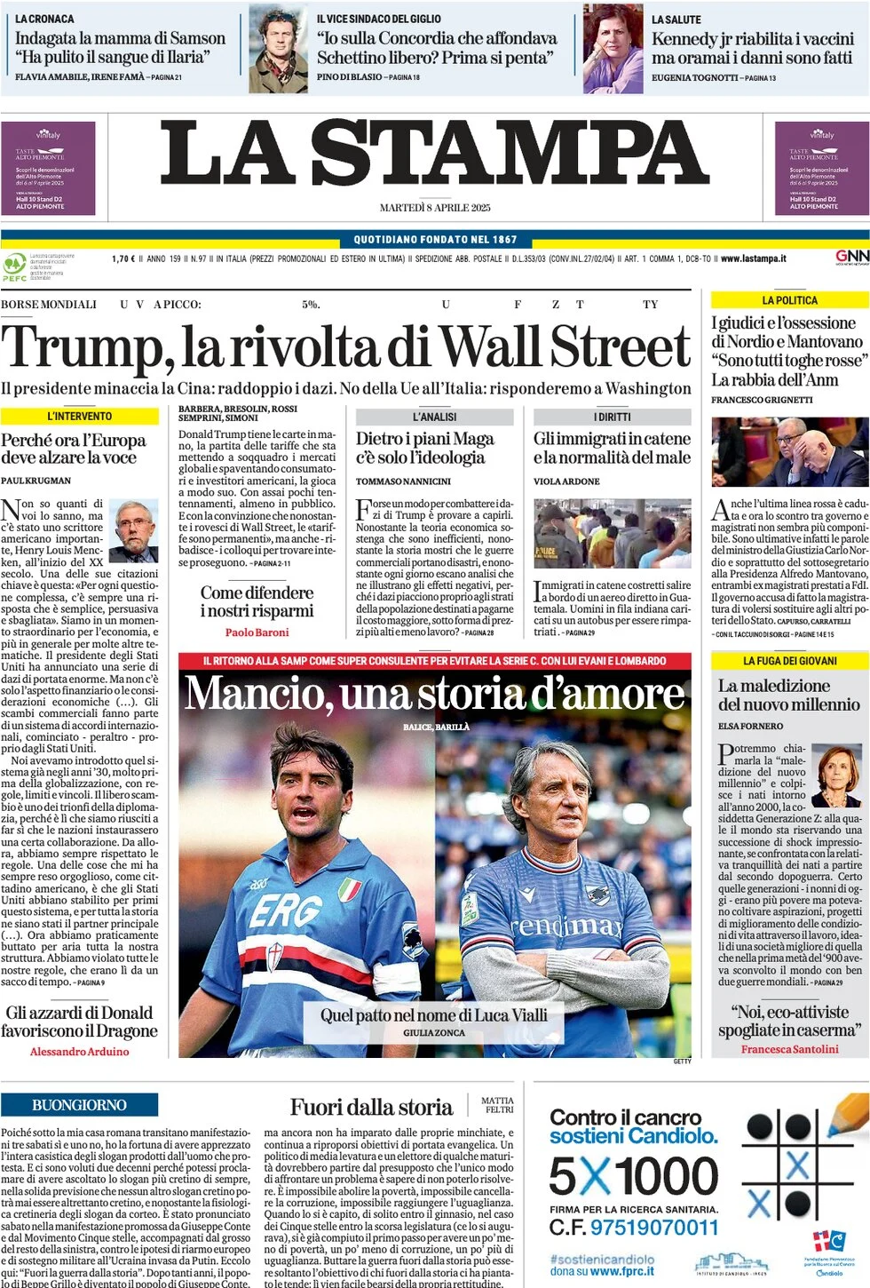 anteprima della prima pagina di la-stampa del 08/04/2025