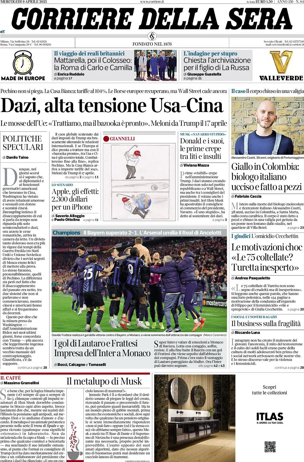 anteprima della prima pagina di corriere-della-sera del 09/04/2025