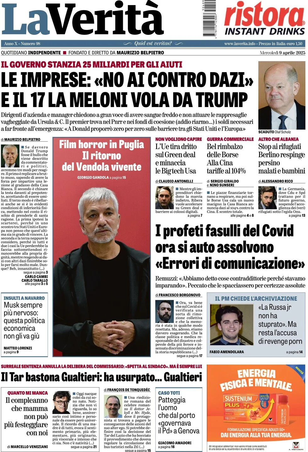 anteprima della prima pagina di la-verit del 09/04/2025