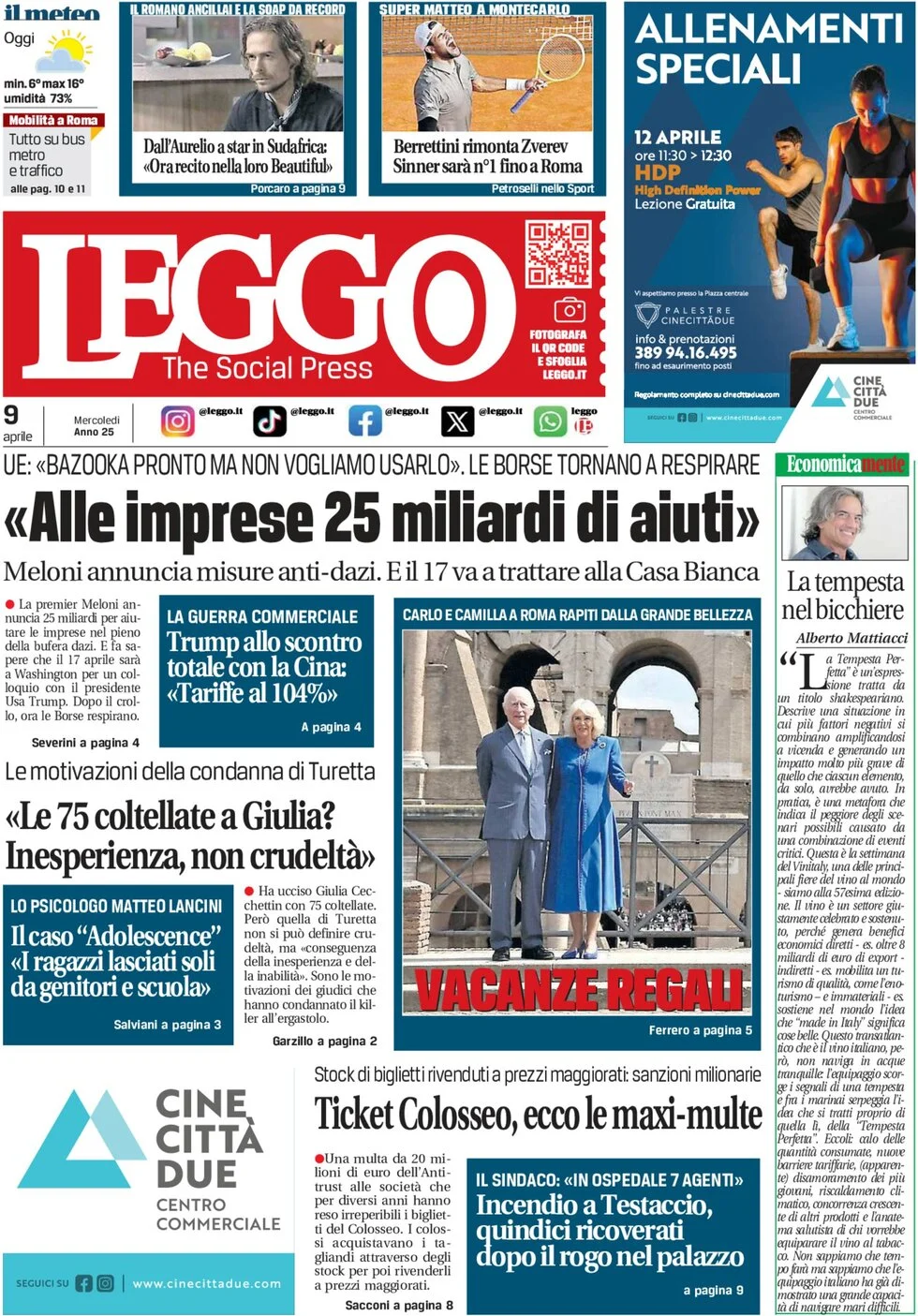 anteprima della prima pagina di leggo-roma del 09/04/2025