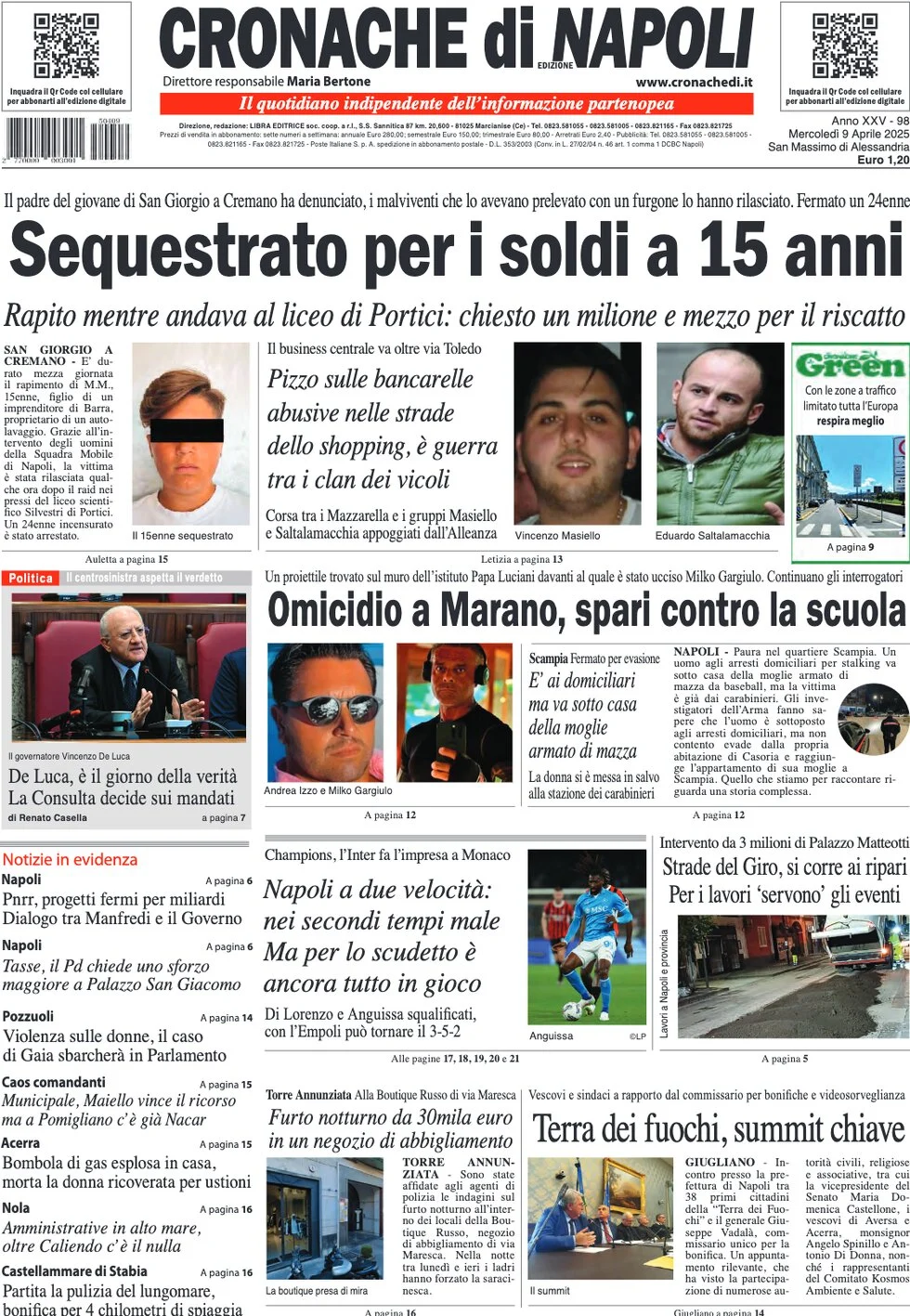 anteprima della prima pagina di cronache-di-napoli del 09/04/2025