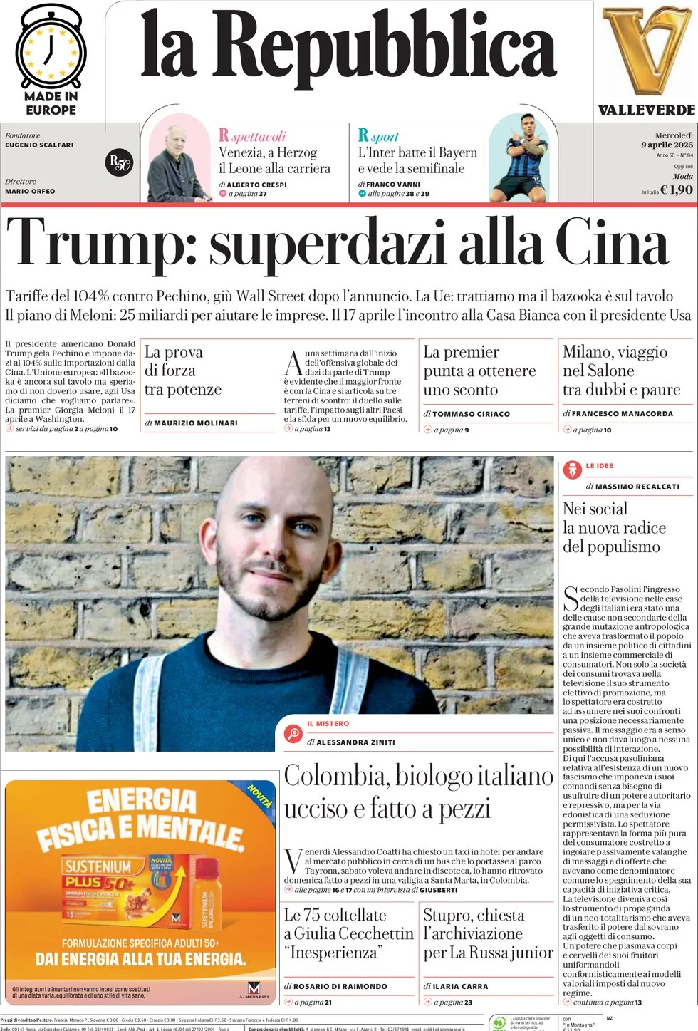 anteprima della prima pagina di la-repubblica del 09/04/2025
