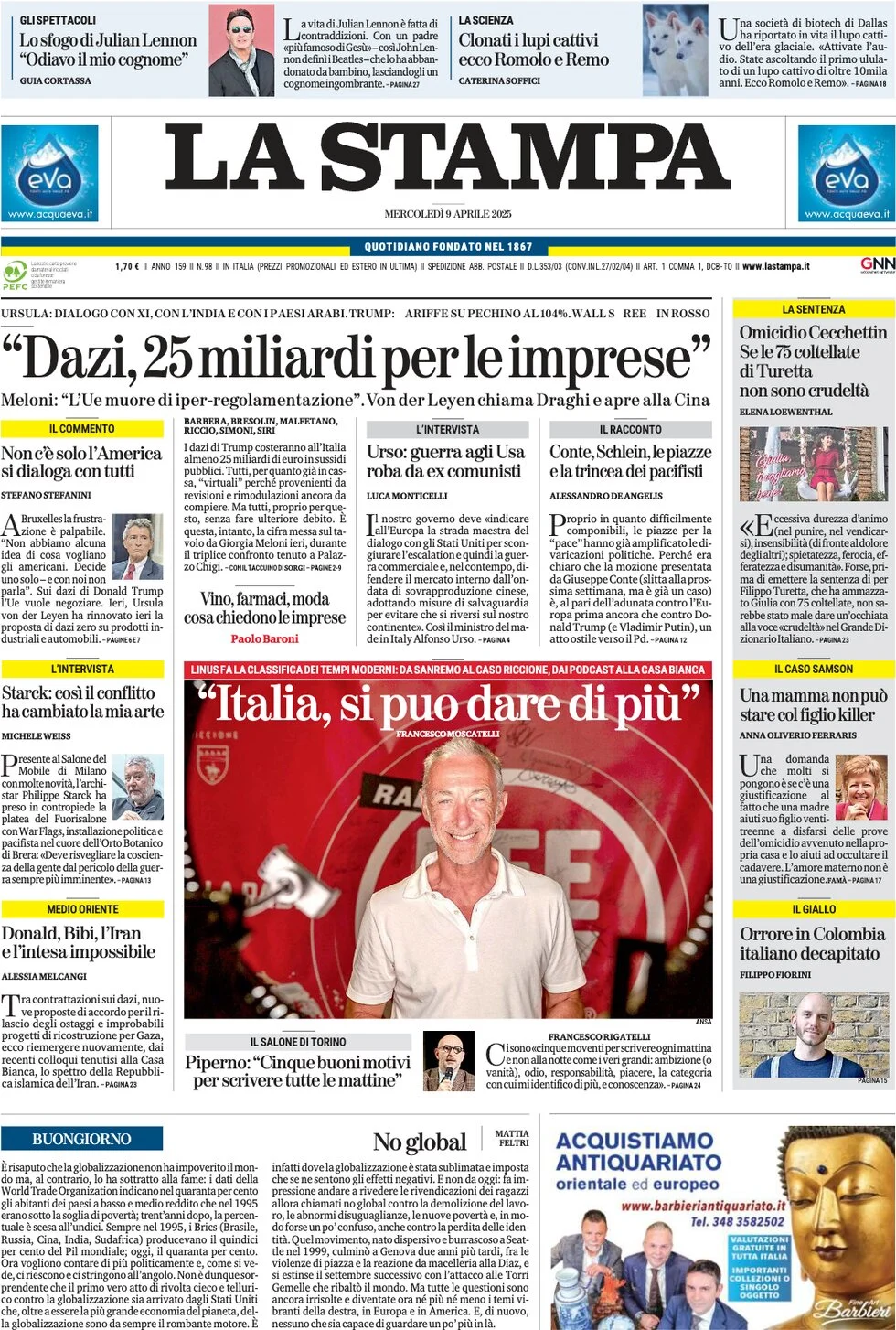 anteprima della prima pagina di la-stampa del 09/04/2025
