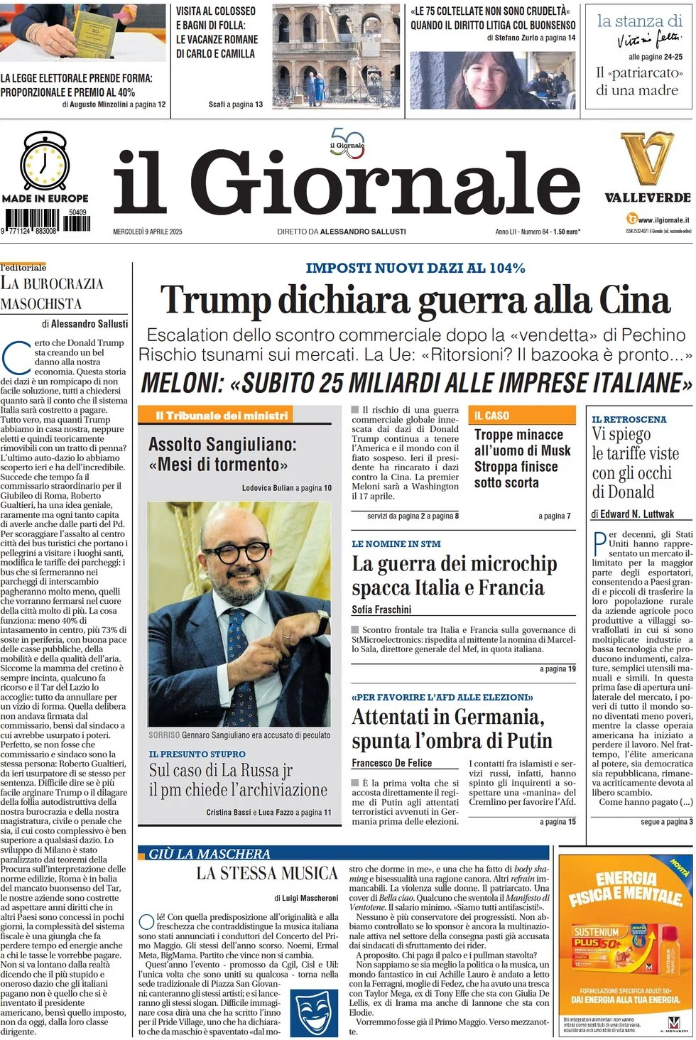 anteprima della prima pagina di il-giornale del 09/04/2025