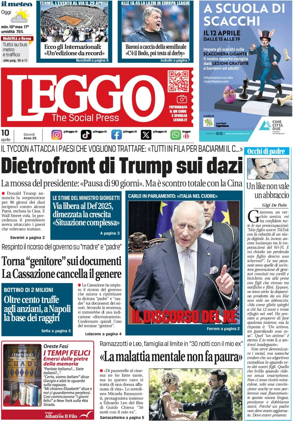 anteprima della prima pagina di leggo-roma del 10/04/2025