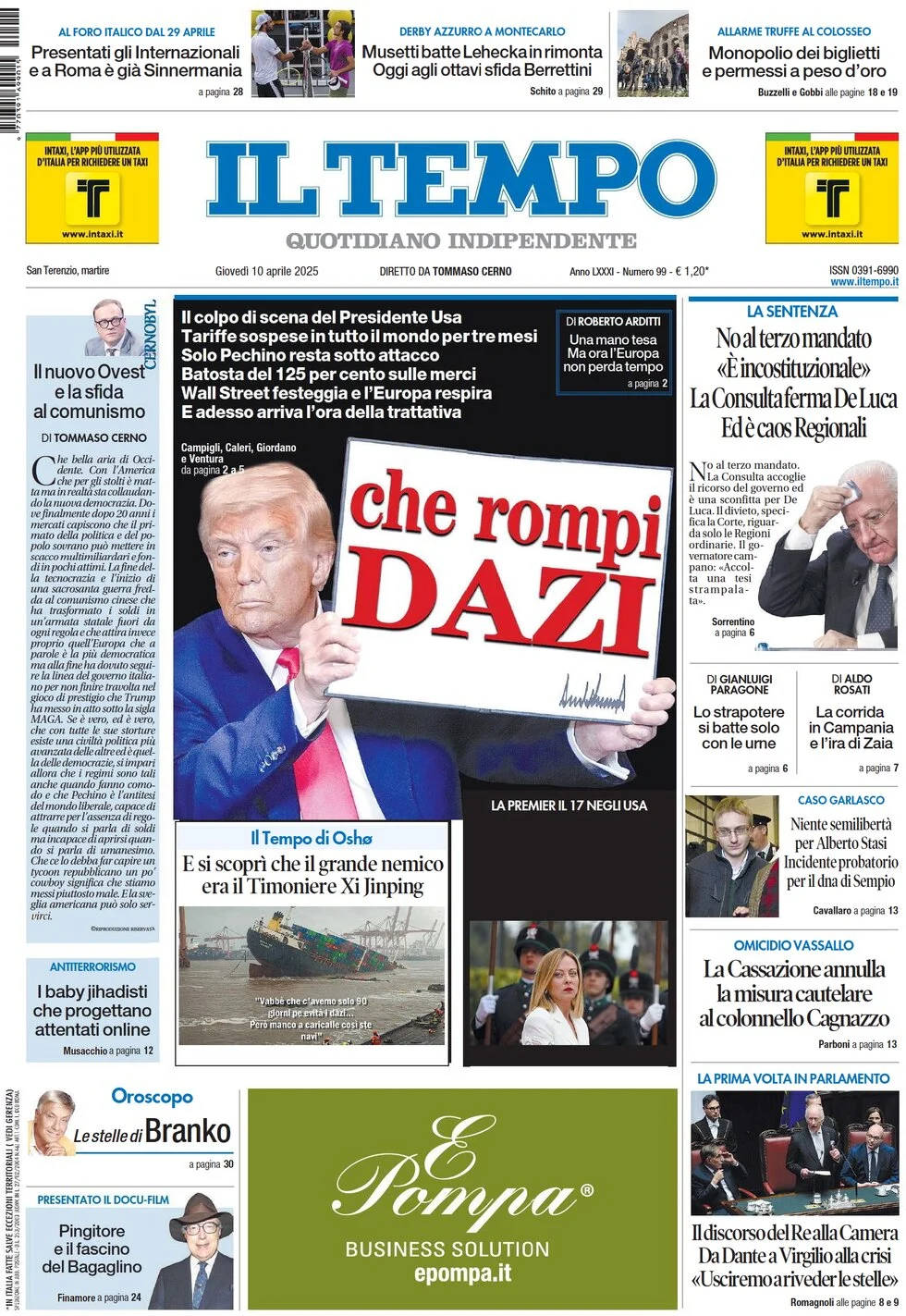 anteprima della prima pagina di il-tempo del 10/04/2025