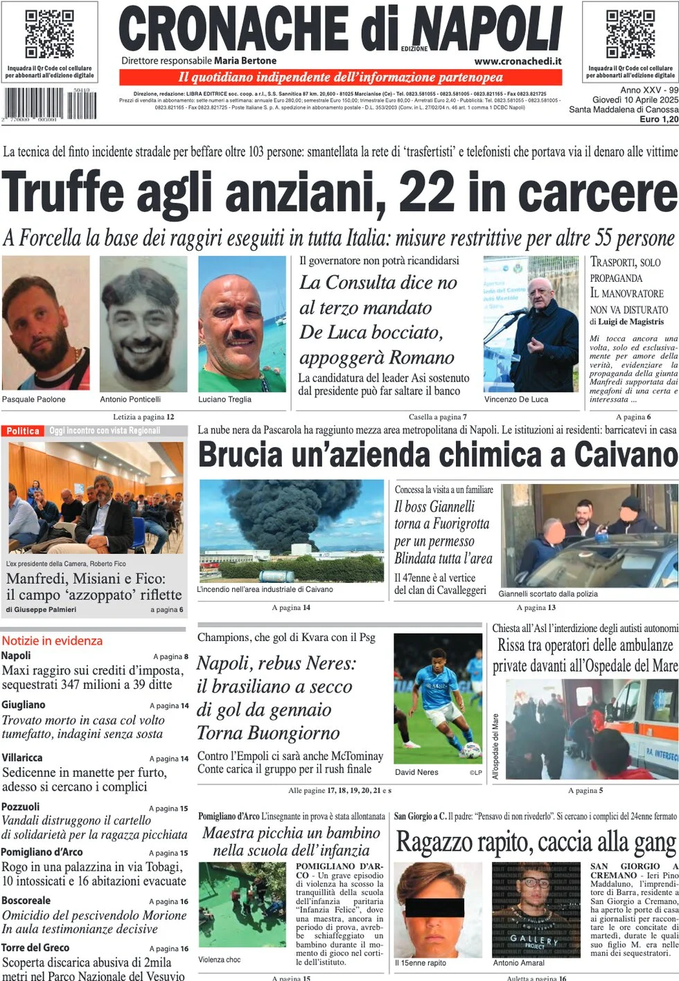 anteprima della prima pagina di cronache-di-napoli del 10/04/2025