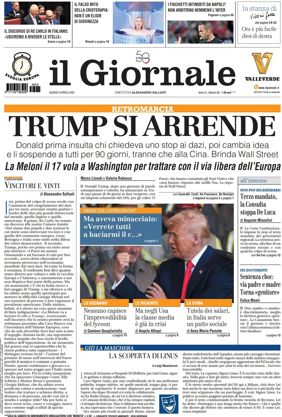 anteprima della prima pagina di il-giornale del 10/04/2025