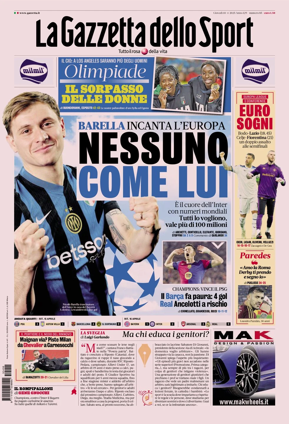 anteprima della prima pagina di la-gazzetta-dello-sport del 10/04/2025
