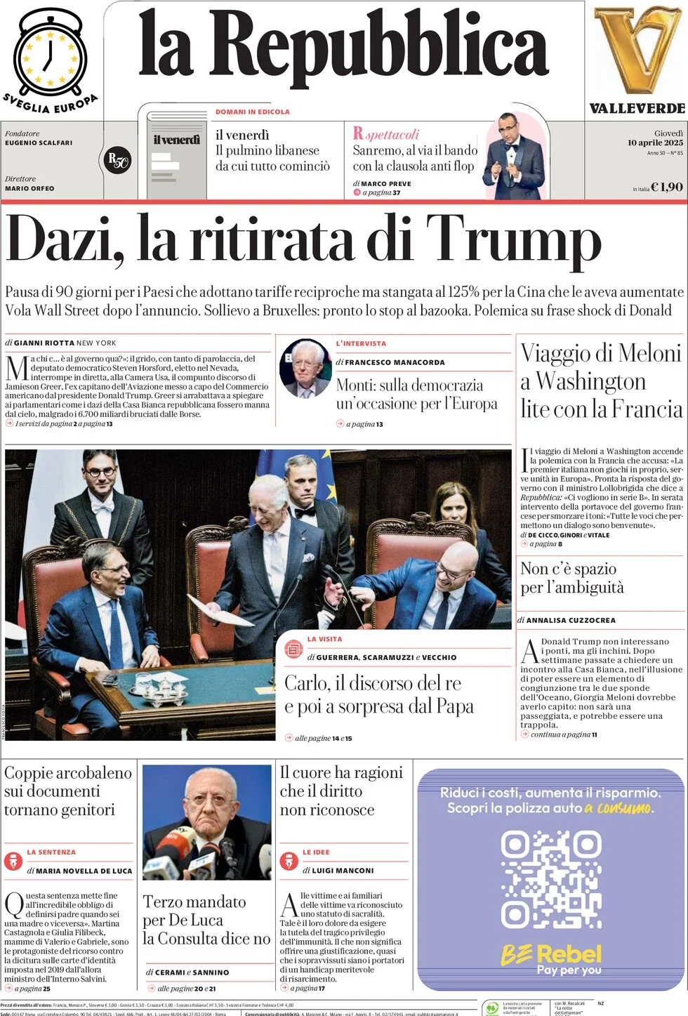 anteprima della prima pagina di la-repubblica del 10/04/2025