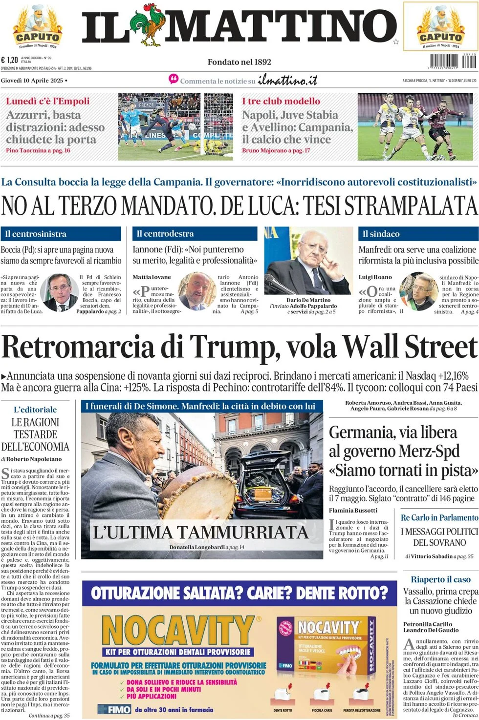 anteprima della prima pagina di il-mattino del 10/04/2025