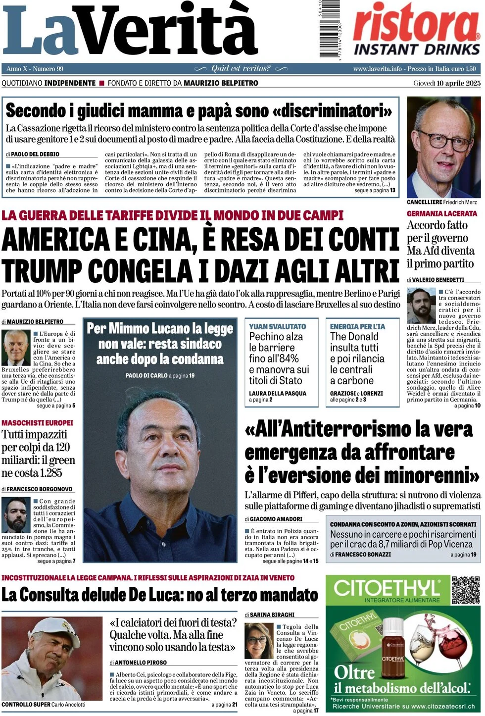 anteprima della prima pagina di la-verit del 10/04/2025