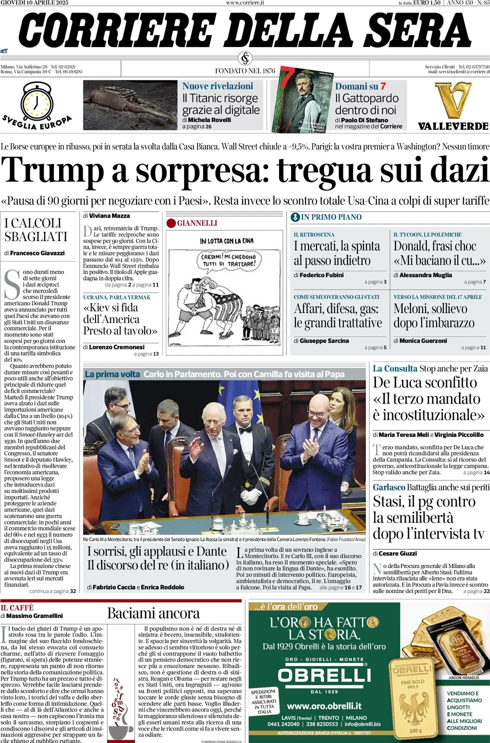 anteprima della prima pagina di corriere-della-sera del 10/04/2025