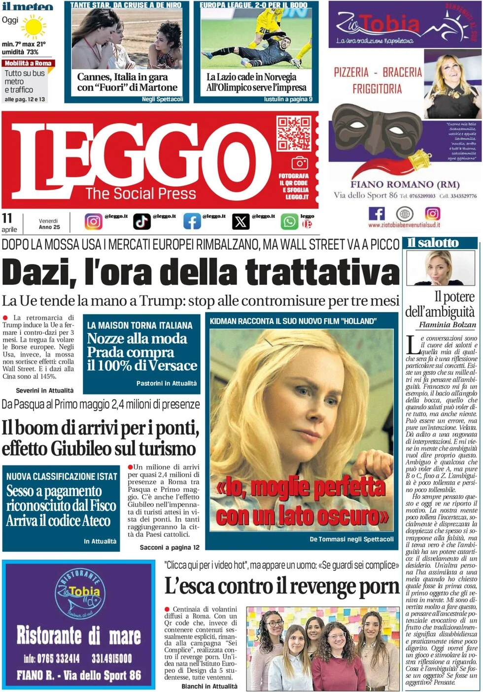 anteprima della prima pagina di leggo-roma del 11/04/2025