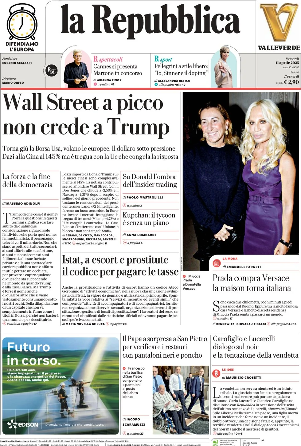 anteprima della prima pagina di la-repubblica del 11/04/2025