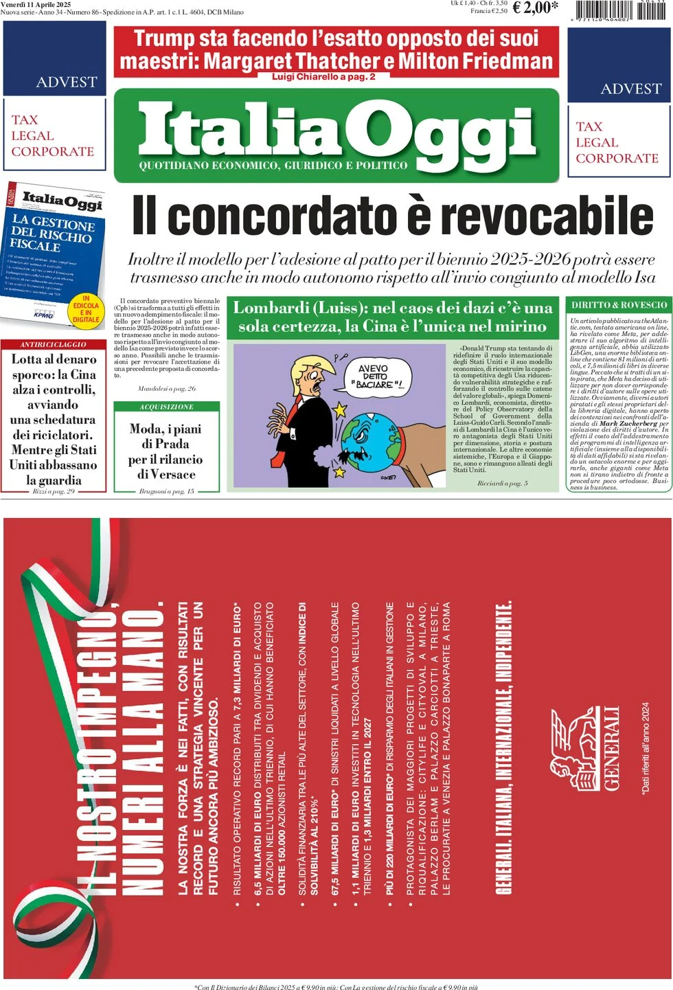 anteprima della prima pagina di italiaoggi del 11/04/2025