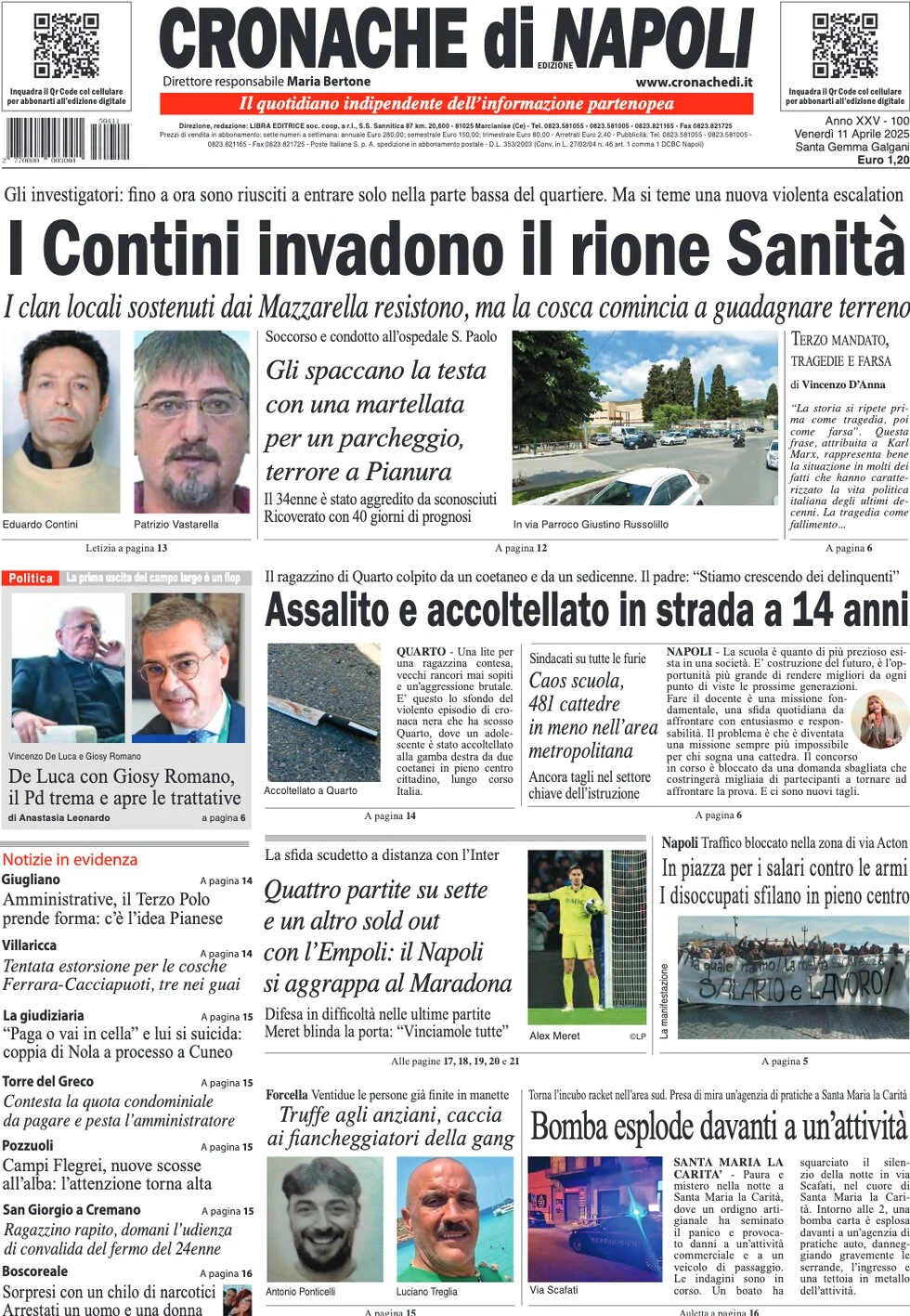 anteprima della prima pagina di cronache-di-napoli del 11/04/2025