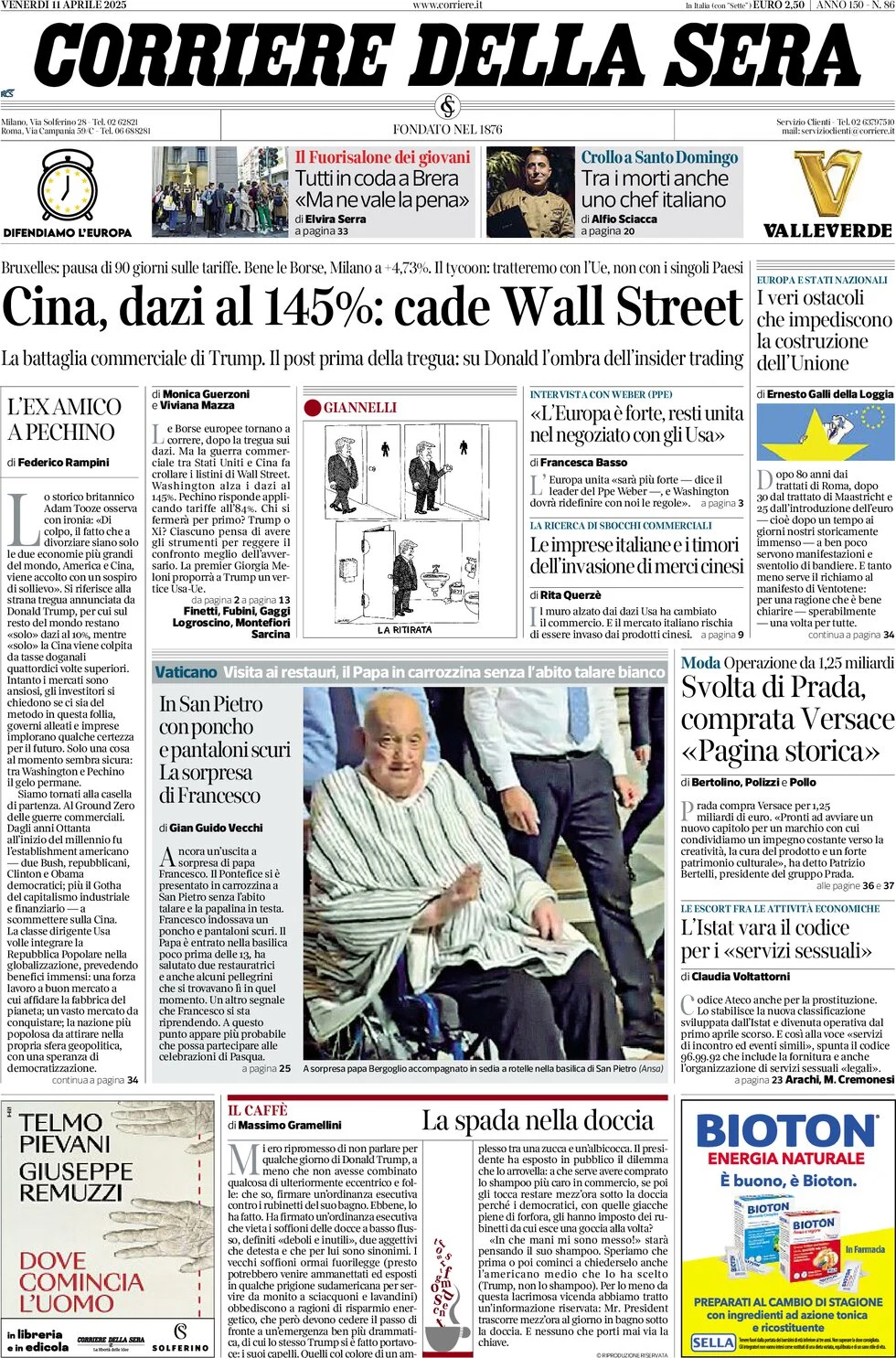 anteprima della prima pagina di corriere-della-sera del 11/04/2025