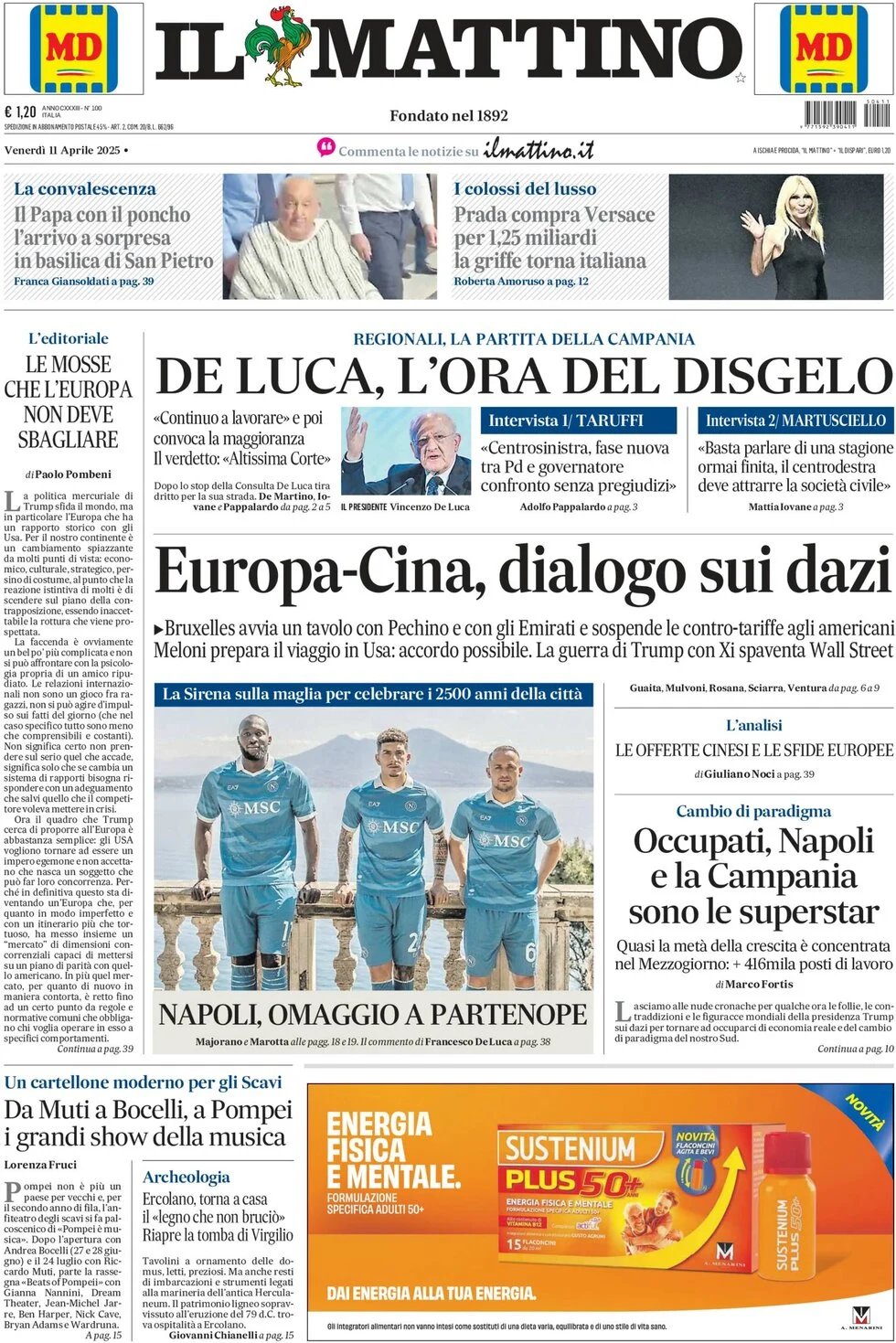 anteprima della prima pagina di il-mattino del 11/04/2025