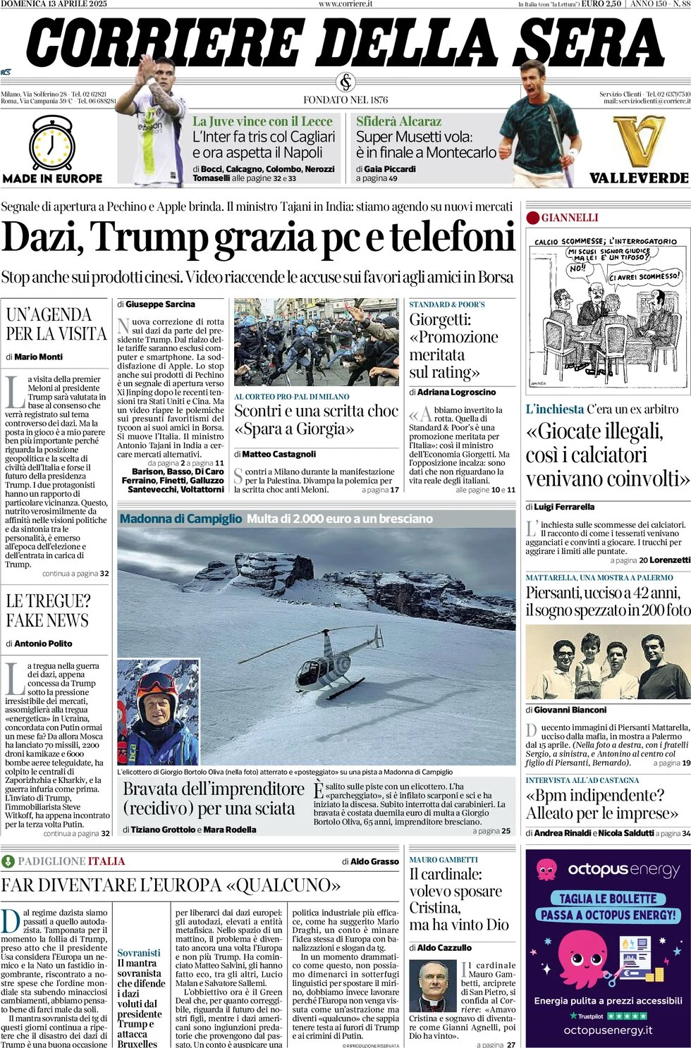 anteprima della prima pagina di corriere-della-sera del 13/04/2025