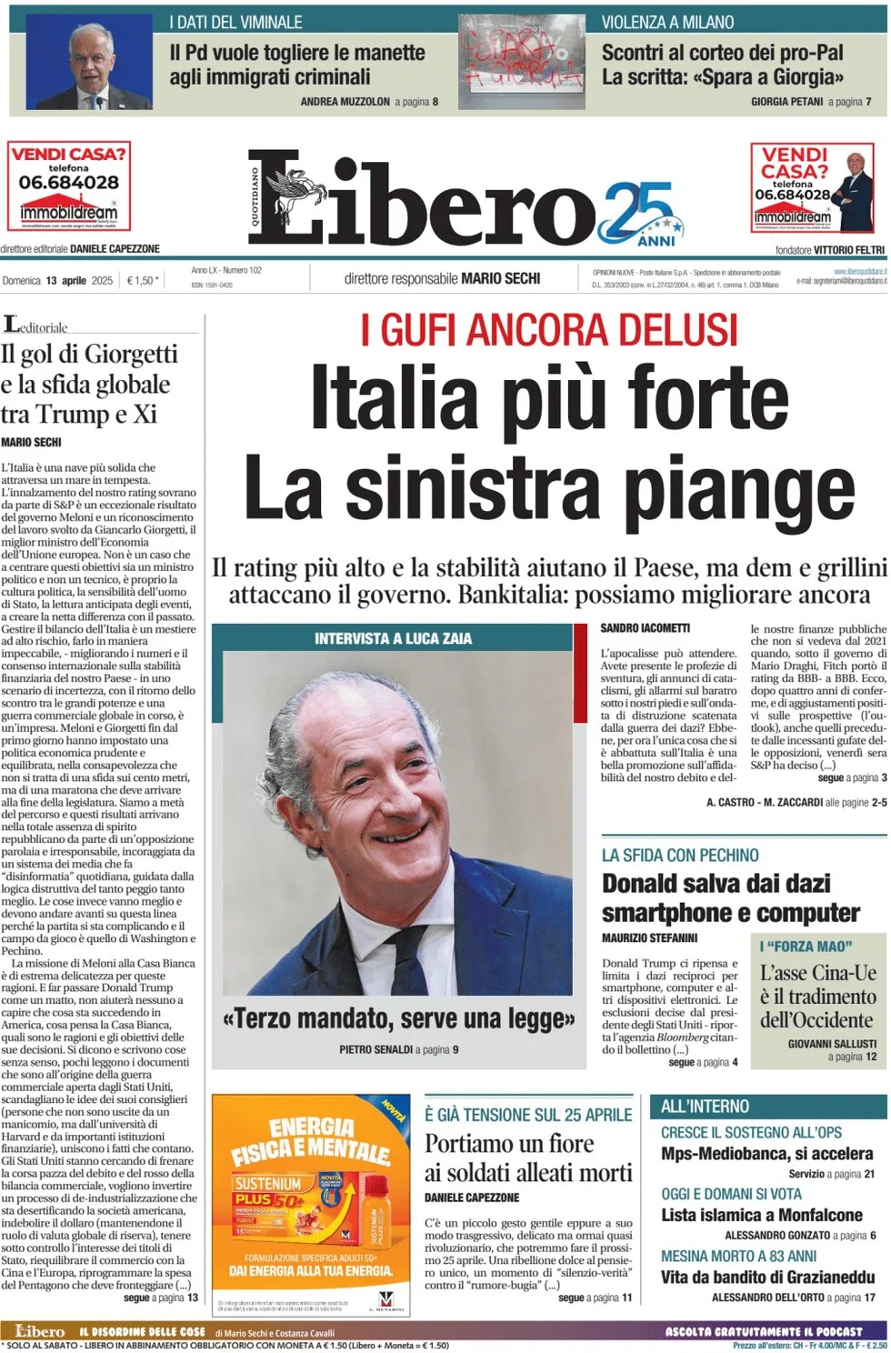 anteprima della prima pagina di libero-quotidiano del 13/04/2025