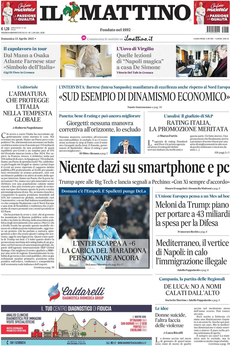 anteprima della prima pagina di il-mattino del 13/04/2025