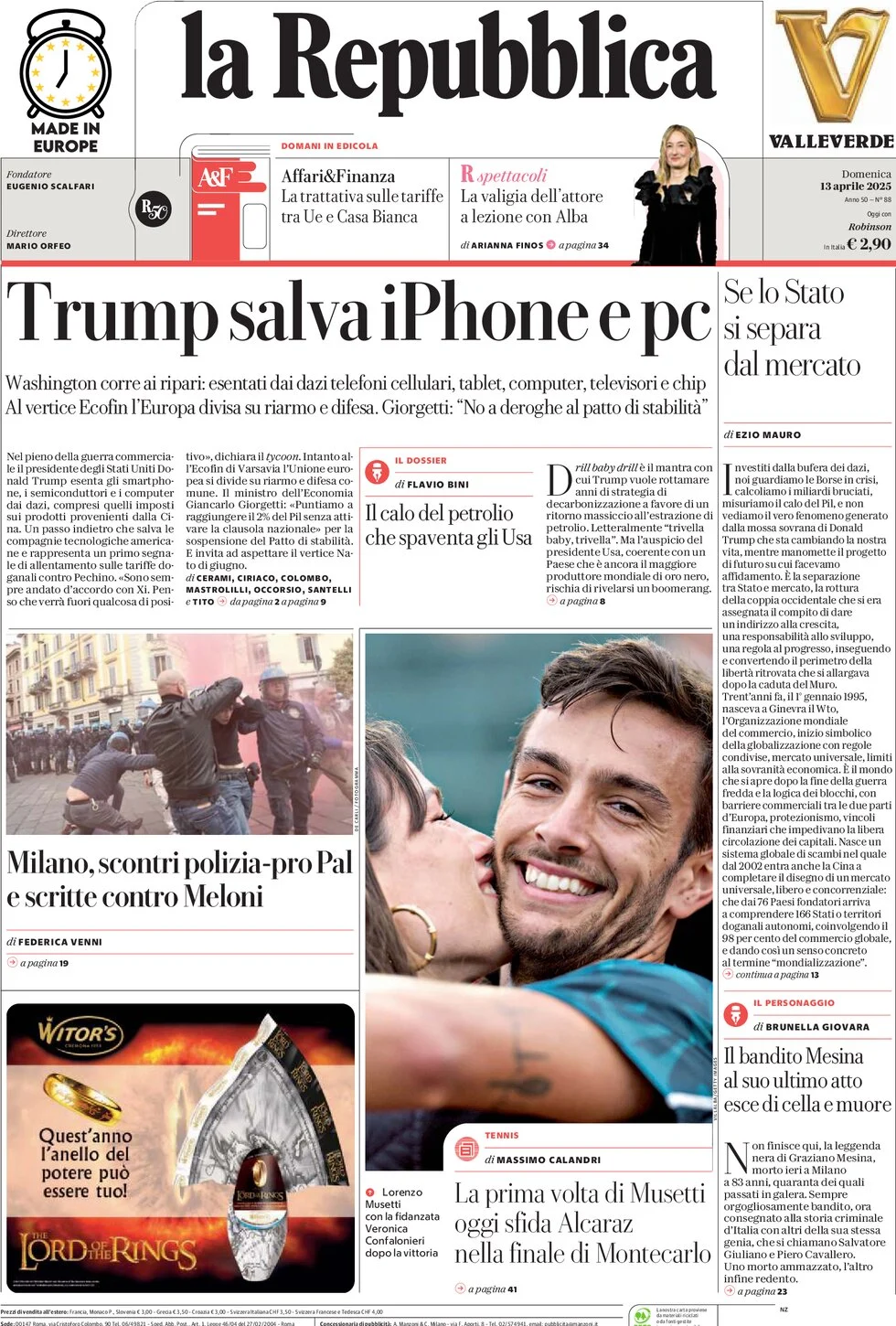 anteprima della prima pagina di la-repubblica del 13/04/2025