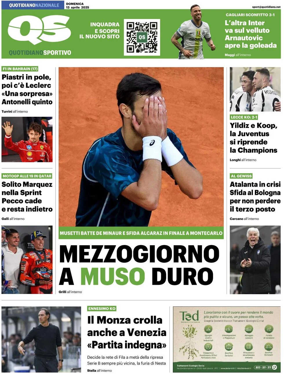 anteprima della prima pagina di qs-quotidiano-sportivo del 13/04/2025