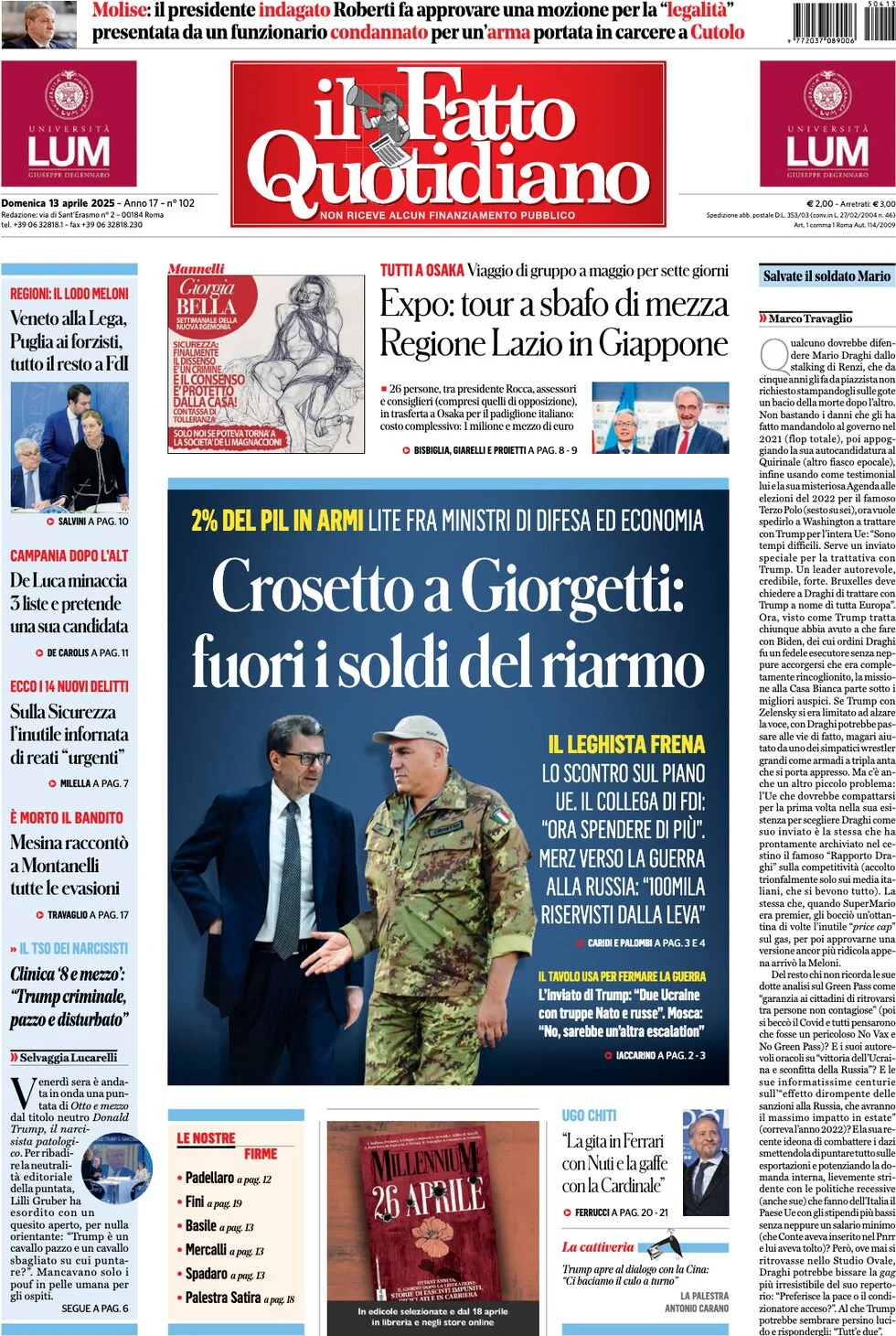 anteprima della prima pagina di il-fatto-quotidiano del 13/04/2025