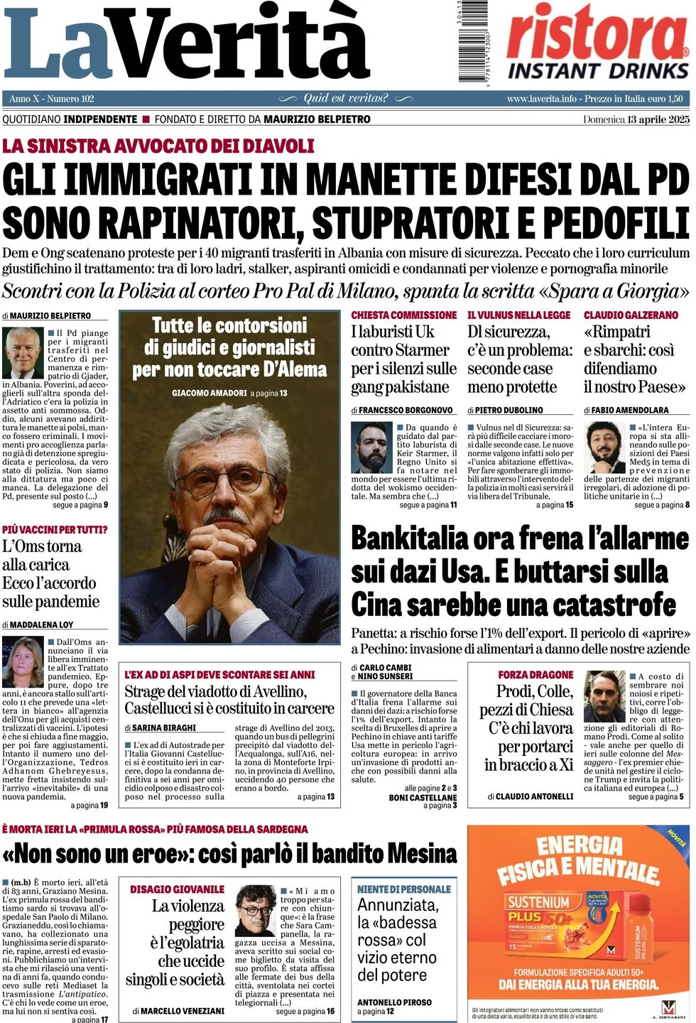 anteprima della prima pagina di la-verit del 13/04/2025