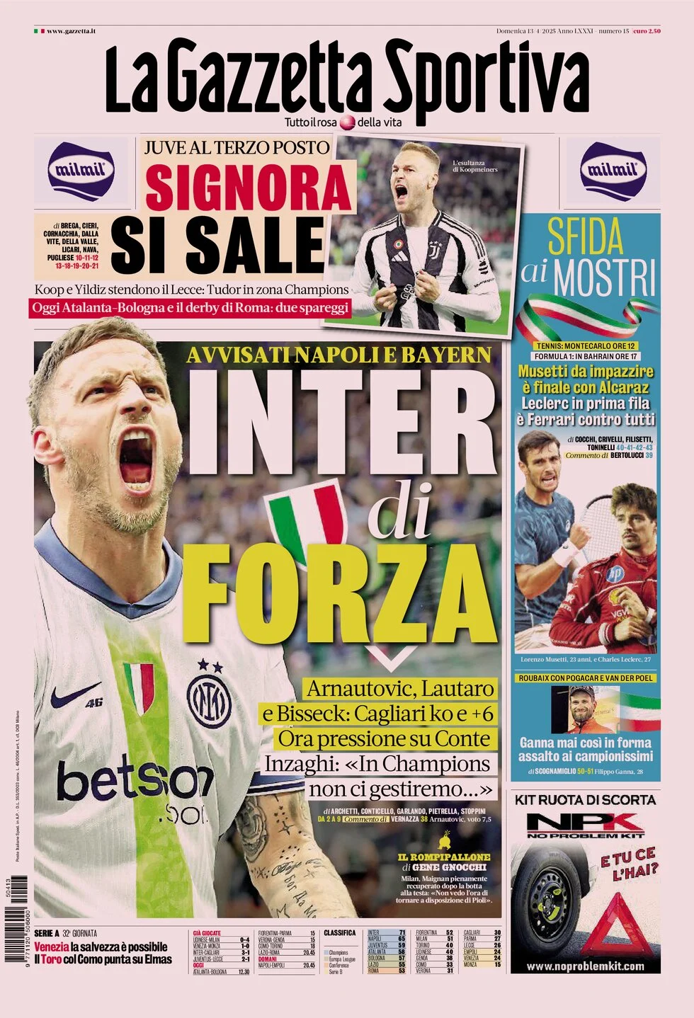anteprima della prima pagina di la-gazzetta-dello-sport del 13/04/2025