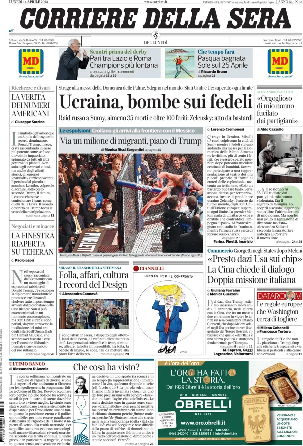 anteprima della prima pagina di corriere-della-sera del 14/04/2025