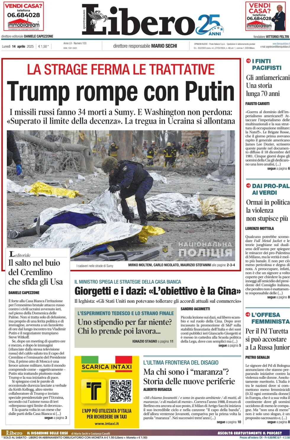 anteprima della prima pagina di libero-quotidiano del 14/04/2025