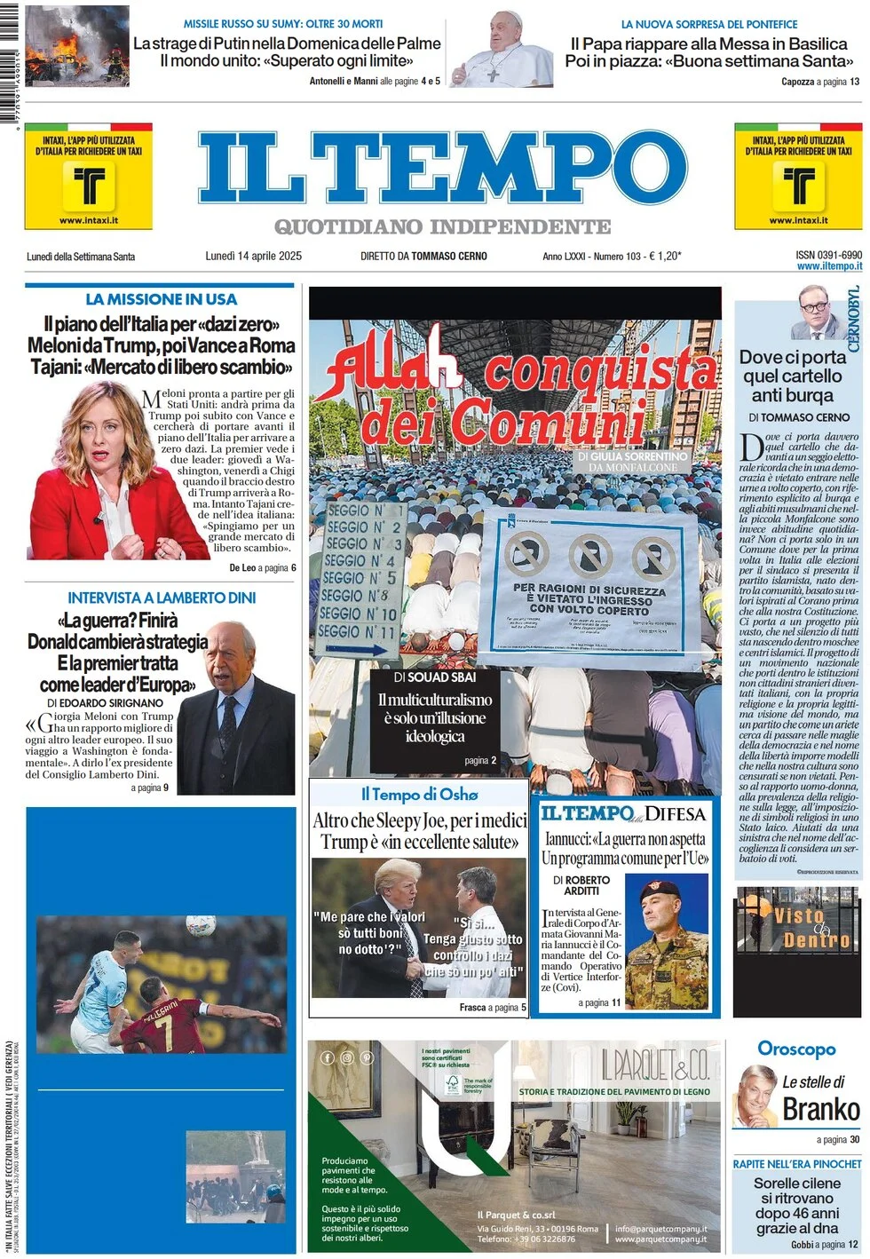 anteprima della prima pagina di il-tempo del 14/04/2025