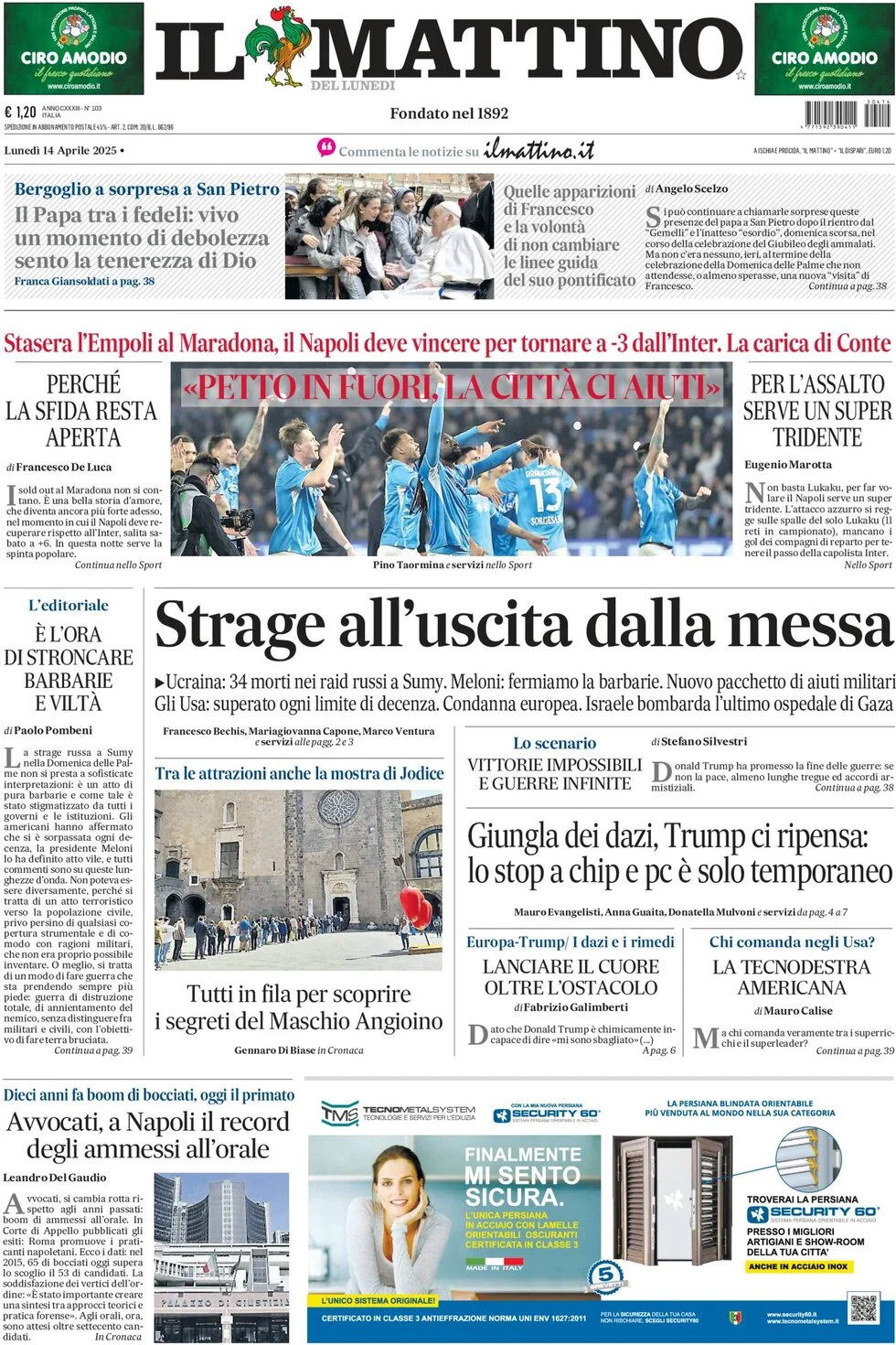 anteprima della prima pagina di il-mattino del 14/04/2025
