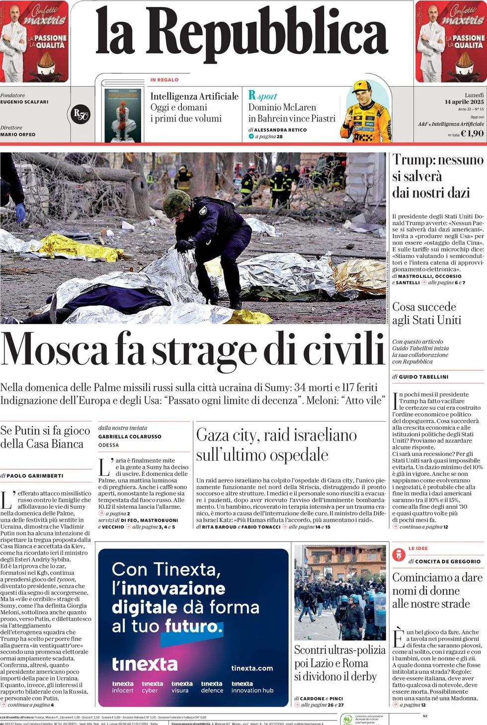 anteprima della prima pagina di la-repubblica del 14/04/2025