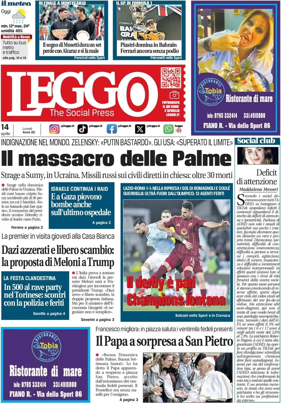 anteprima della prima pagina di leggo-roma del 14/04/2025