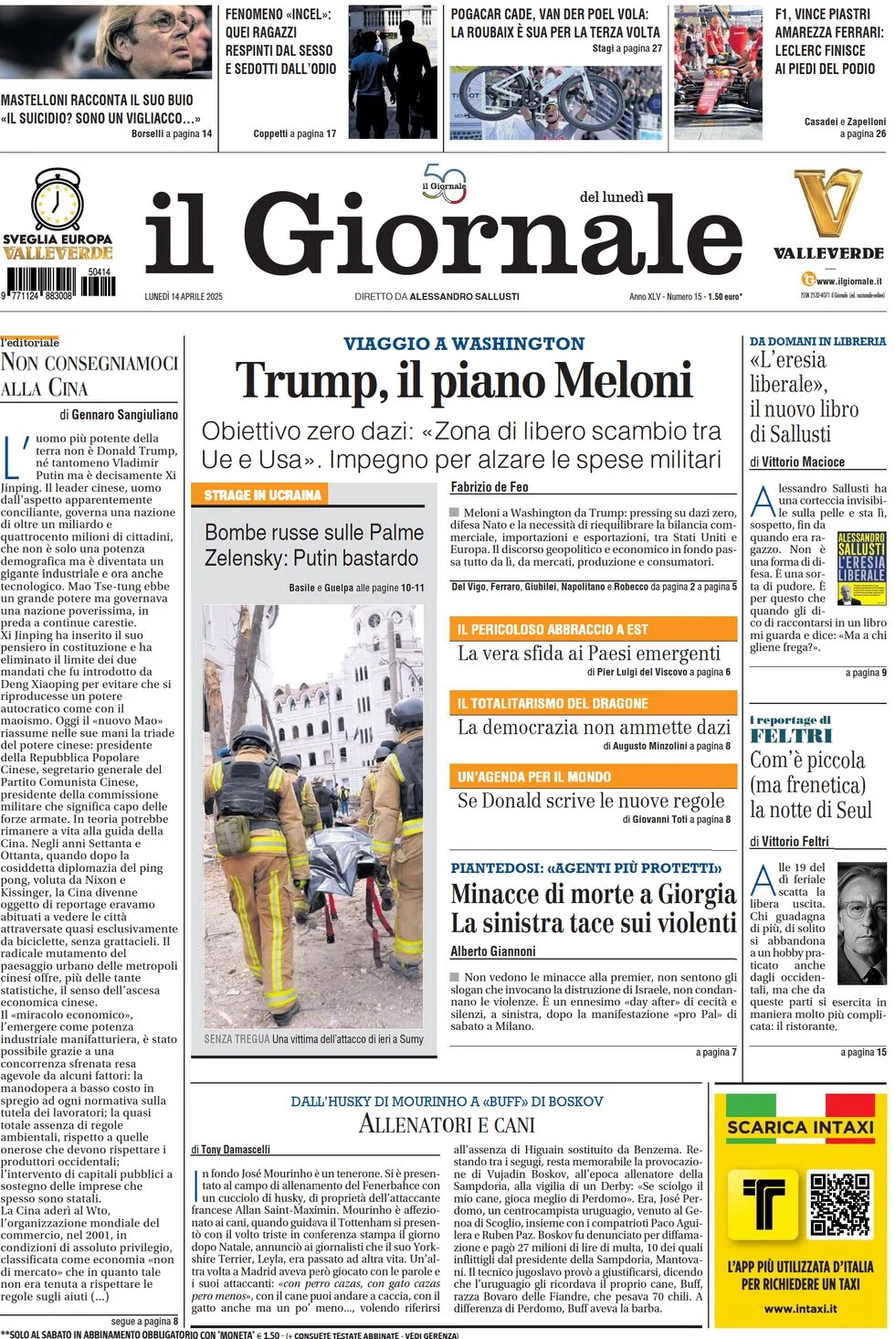 anteprima della prima pagina di il-giornale del 14/04/2025
