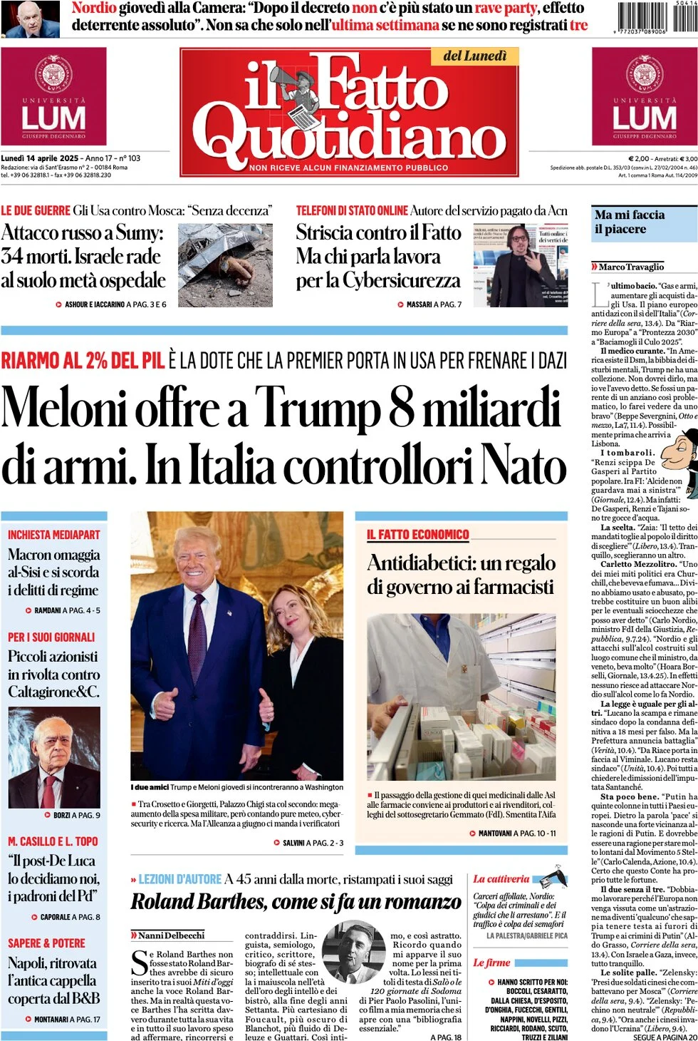 anteprima della prima pagina di il-fatto-quotidiano del 14/04/2025