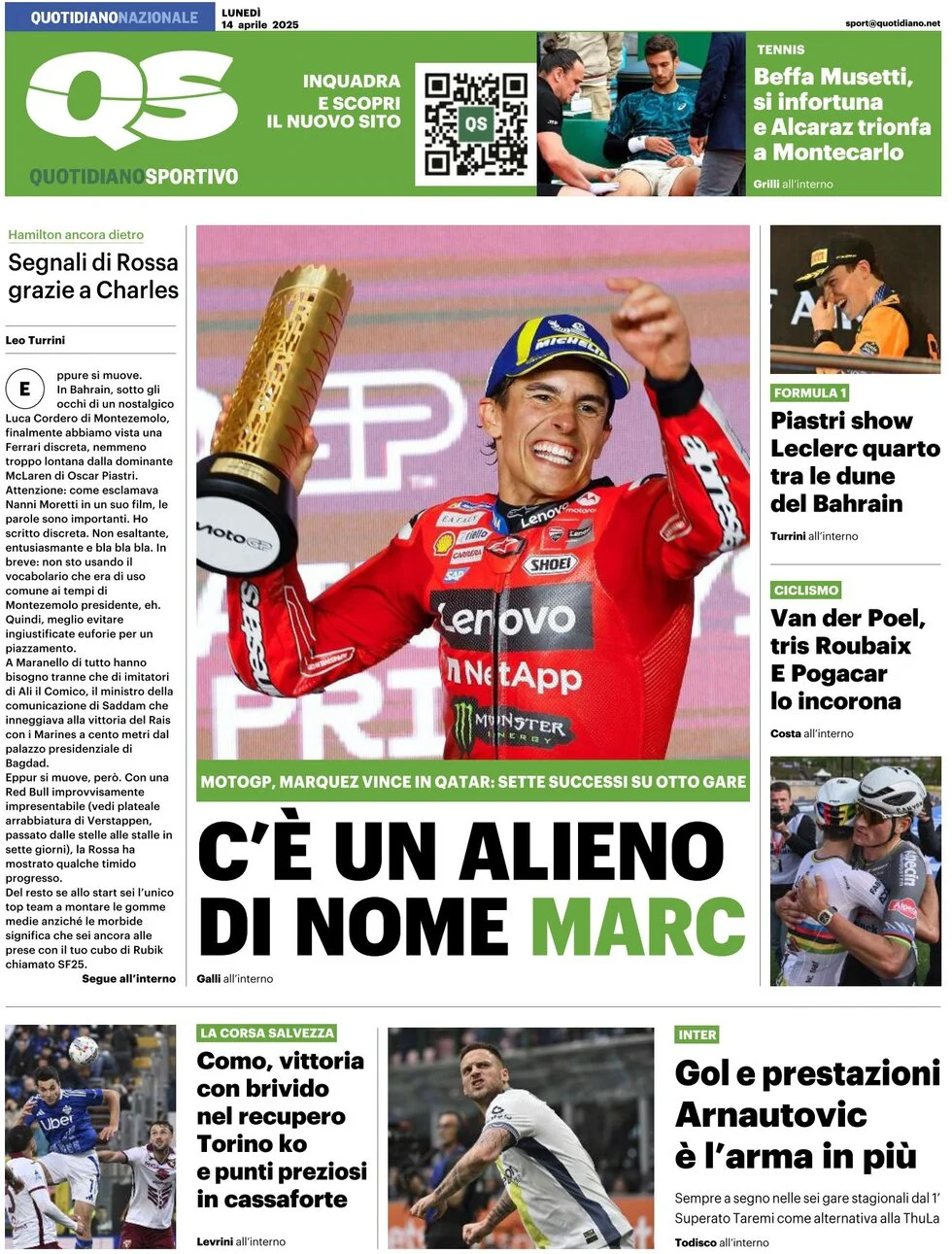 anteprima della prima pagina di qs-quotidiano-sportivo del 14/04/2025