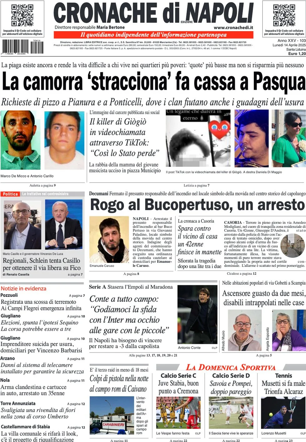 anteprima della prima pagina di cronache-di-napoli del 14/04/2025