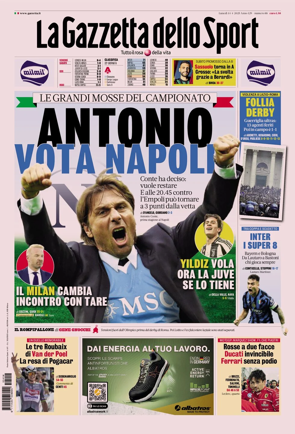 anteprima della prima pagina di la-gazzetta-dello-sport del 14/04/2025