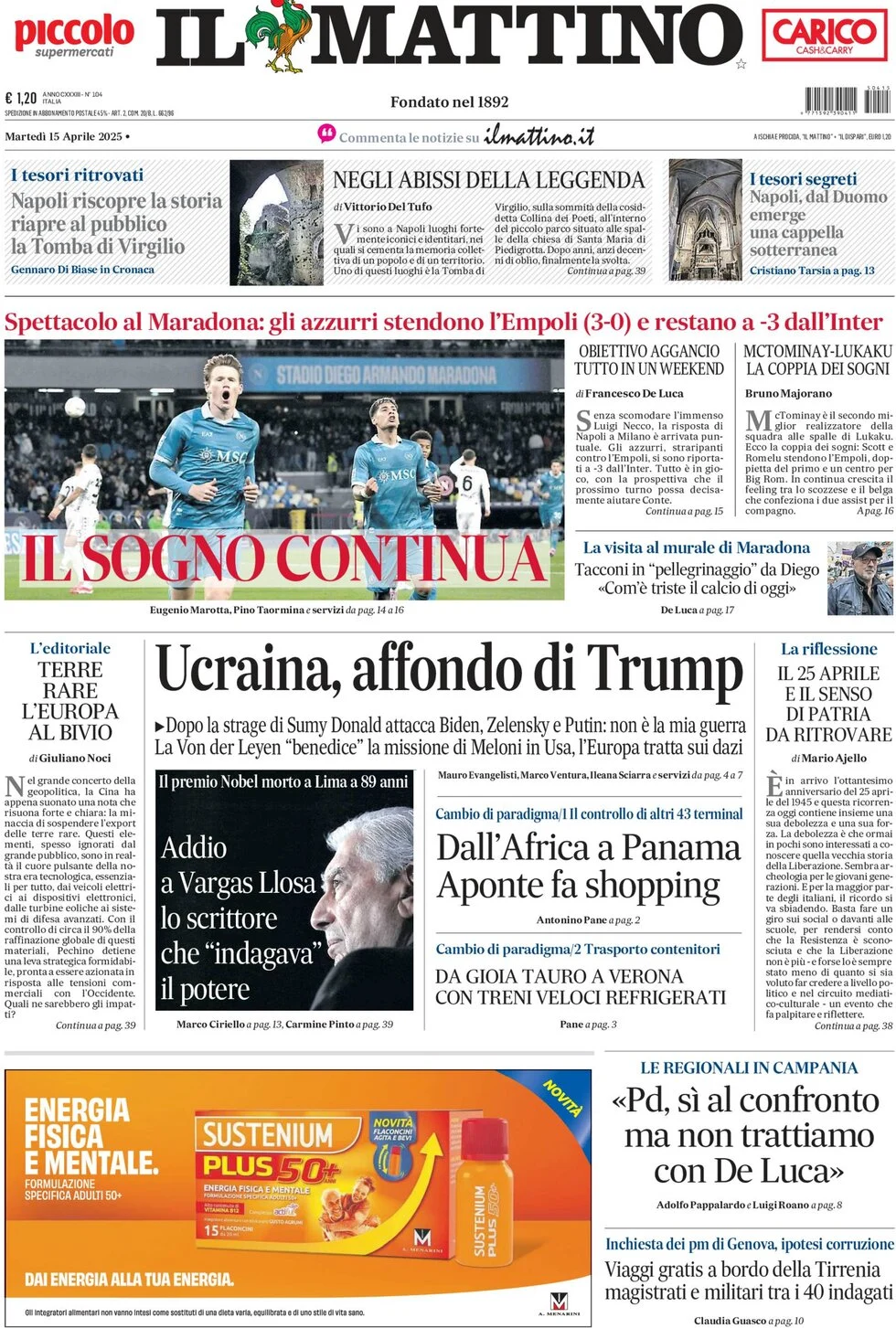 anteprima della prima pagina di il-mattino del 15/04/2025
