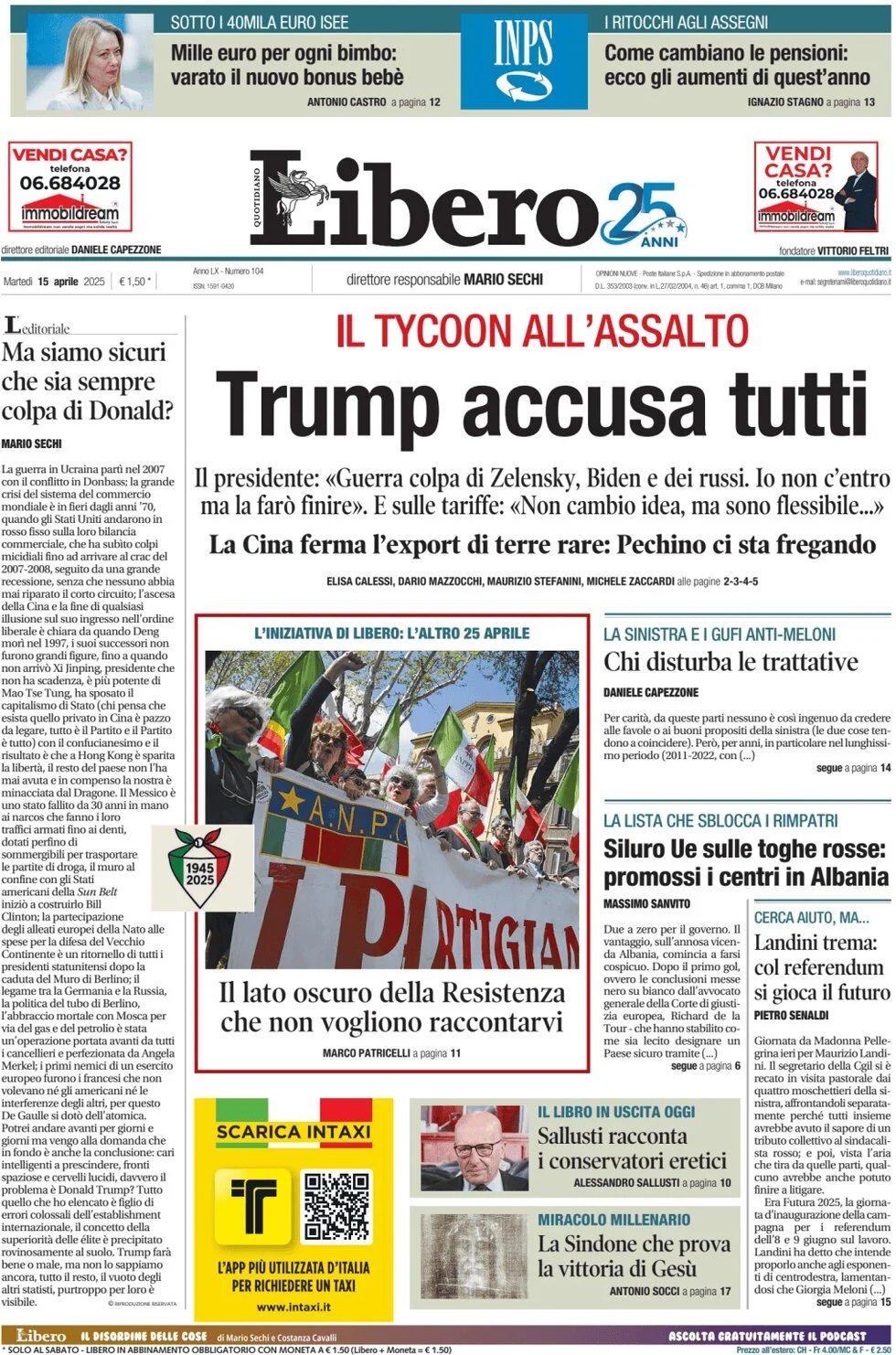 anteprima della prima pagina di libero-quotidiano del 15/04/2025