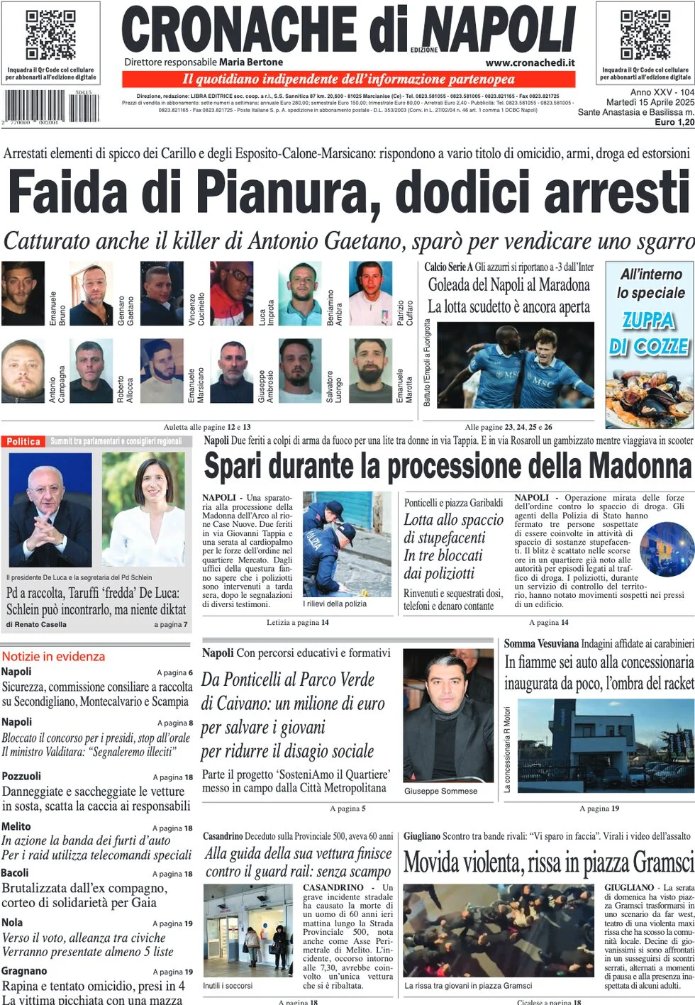 anteprima della prima pagina di cronache-di-napoli del 15/04/2025