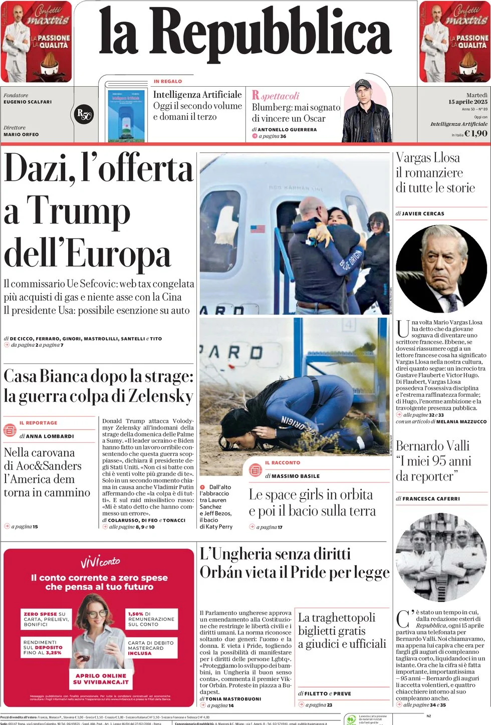 anteprima della prima pagina di la-repubblica del 15/04/2025