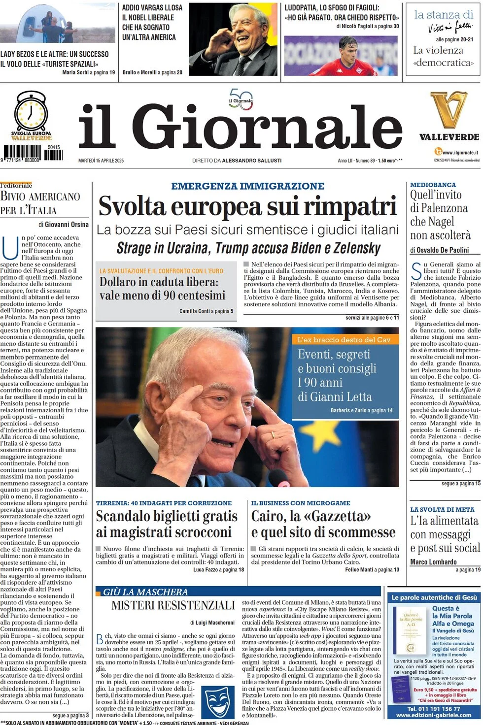 anteprima della prima pagina di il-giornale del 15/04/2025