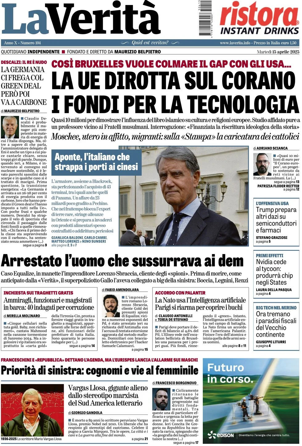 anteprima della prima pagina di la-verit del 15/04/2025